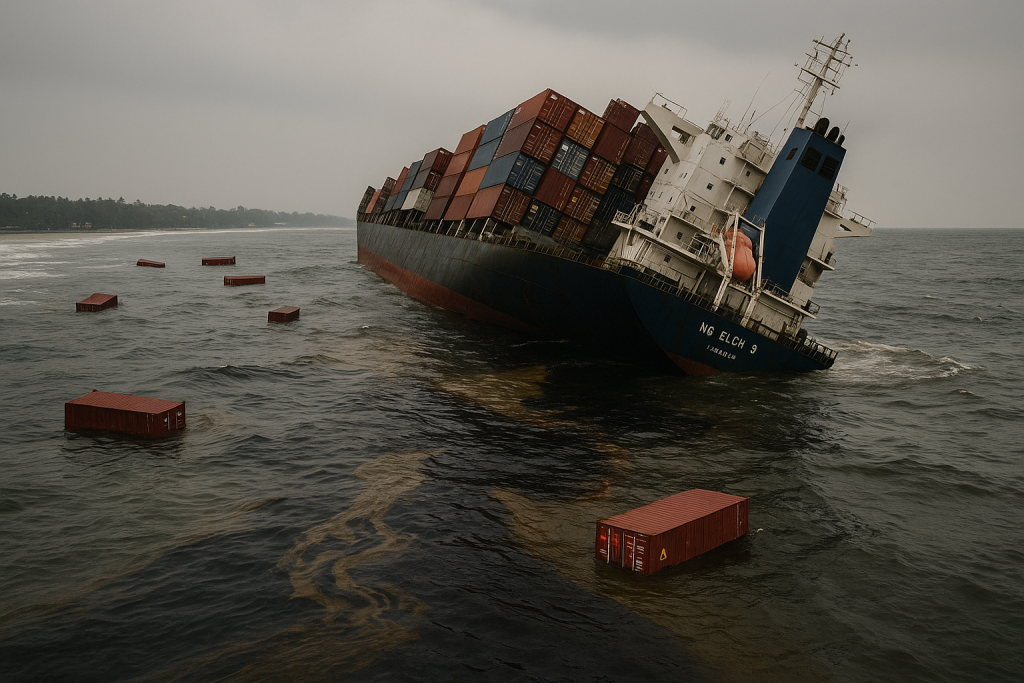 "Cargo ship sinking near Kerala coast with drifting containers and oil spill."