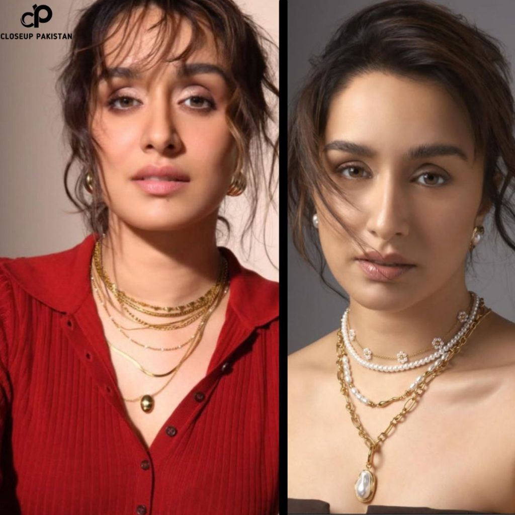 Side-by-side portraits of a woman with wavy hair styled loosely. On the left, she wears a red ribbed top and layered gold necklaces. On the right, she wears a strapless top with layered pearl and gold necklaces, posing against a neutral gray background.
