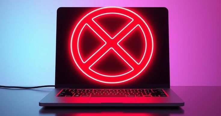 "Laptop screen with Red neon X symbol