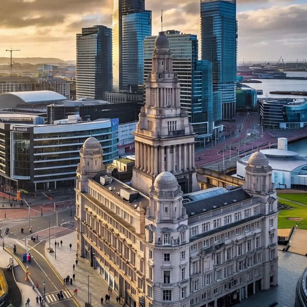 "Historic building with classical architecture in the foreground, surrounded by modern skyscrapers and a waterfront area during sunset, creating a striking cityscape contrast."

