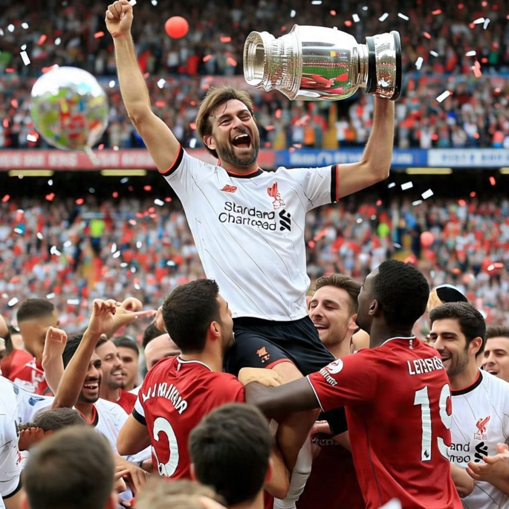 "Liverpool player celebrating while being lifted by teammates, holding a trophy high in the air with confetti falling in the background during a stadium celebration."