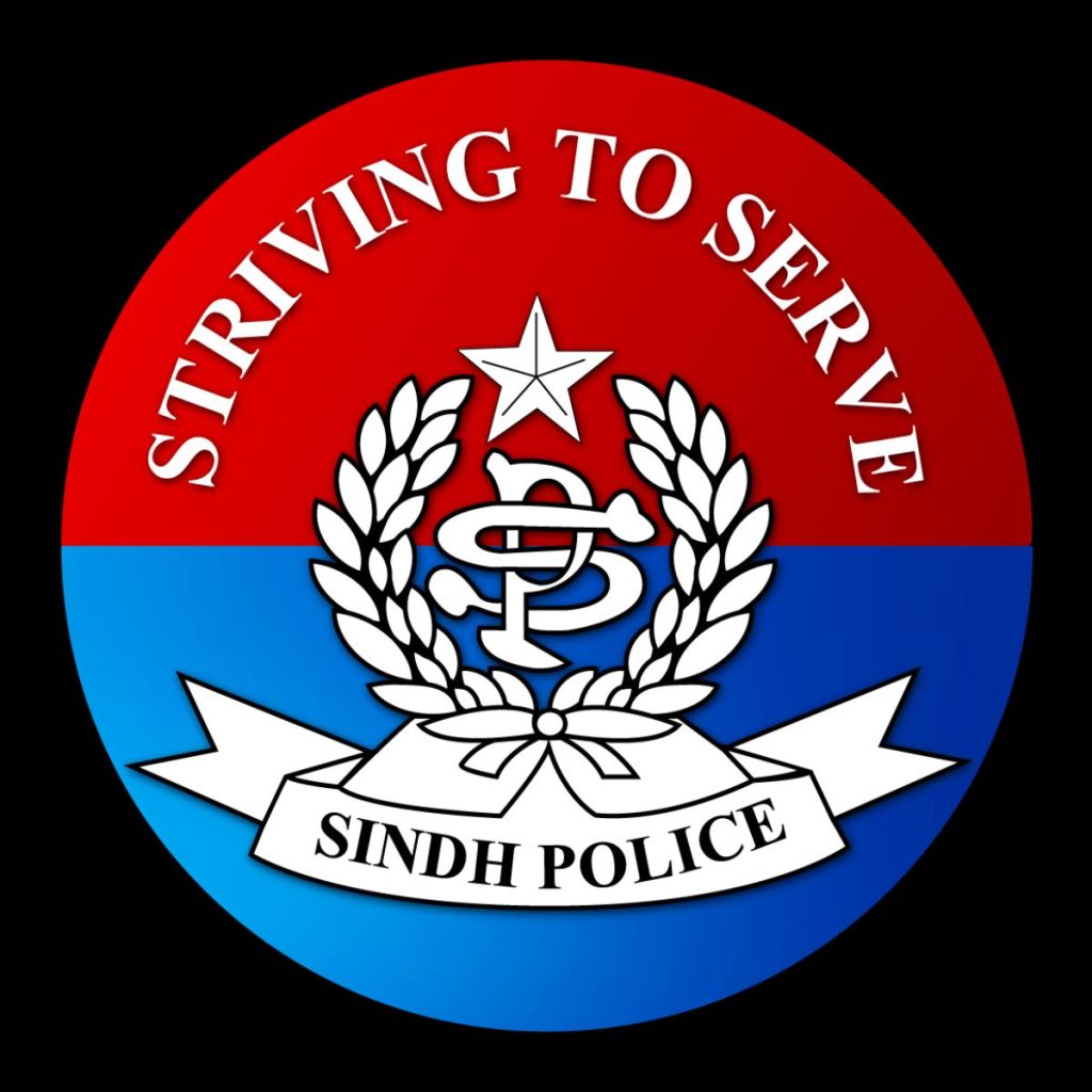 Logo of Sindh Police with the motto "Striving to Serve" on a red and blue circular background.