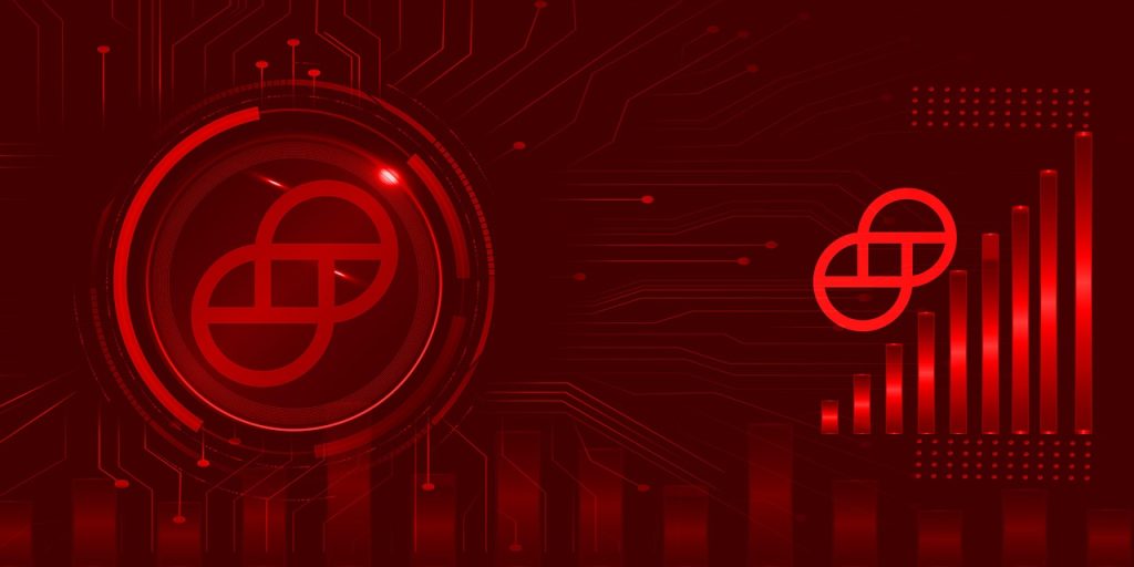 A red digital graphic featuring the Gemini cryptocurrency logo in the center and on the right side above a rising bar chart, set against a circuit board-themed background with a futuristic, tech-driven design.