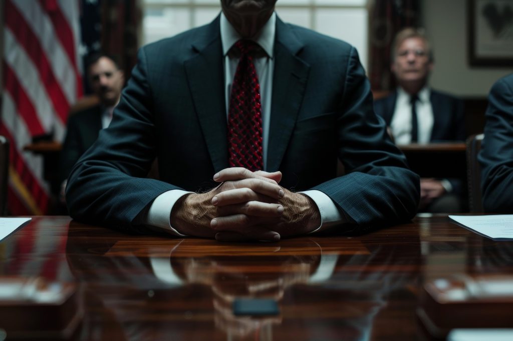 "Close-up of a man in a suit with hands clasped on a polished wooden table, seated in a formal meeting room with American flags and other men in suits in the background."

