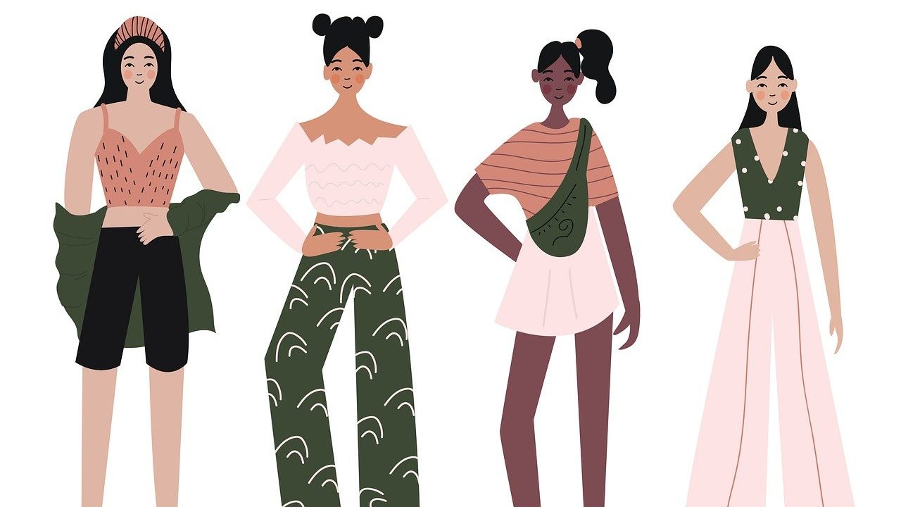 Four cartoon women with different skin tones and hairstyles are standing side by side, each wearing a unique outfit.