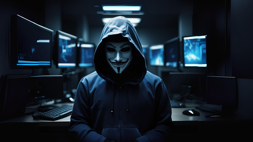 "Person in a hoodie wearing a Guy Fawkes mask, sitting in a dark room with multiple computer monitors."