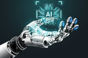 "Futuristic robotic hand extended upward with glowing blue fingertips, holding a digital circuit symbol featuring the letters 'AI' on a dark background."

