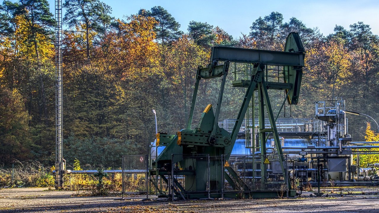 Oil pumpjack operating at an onshore extraction site surrounded by forest, with industrial pipelines and machinery in the background during autumn.
