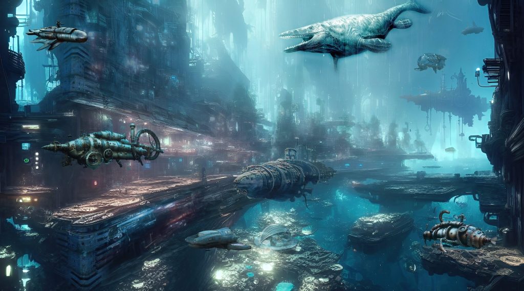 Futuristic underwater city with flying vehicles and sea creatures.