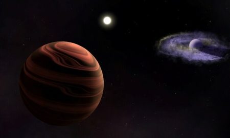 An artist’s rendition of the sun-like star YSES-1 in the centre, with the planet YSES-1 b and its dusty circumplanetary disk (right) and the planet YSES-1 c with silicate clouds in its atmosphere (left),
