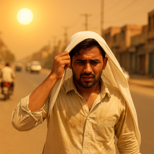 Man walking under intense sunlight during the Heatwave in Punjab, symbolizing extreme temperatures and public response to the heat alert.