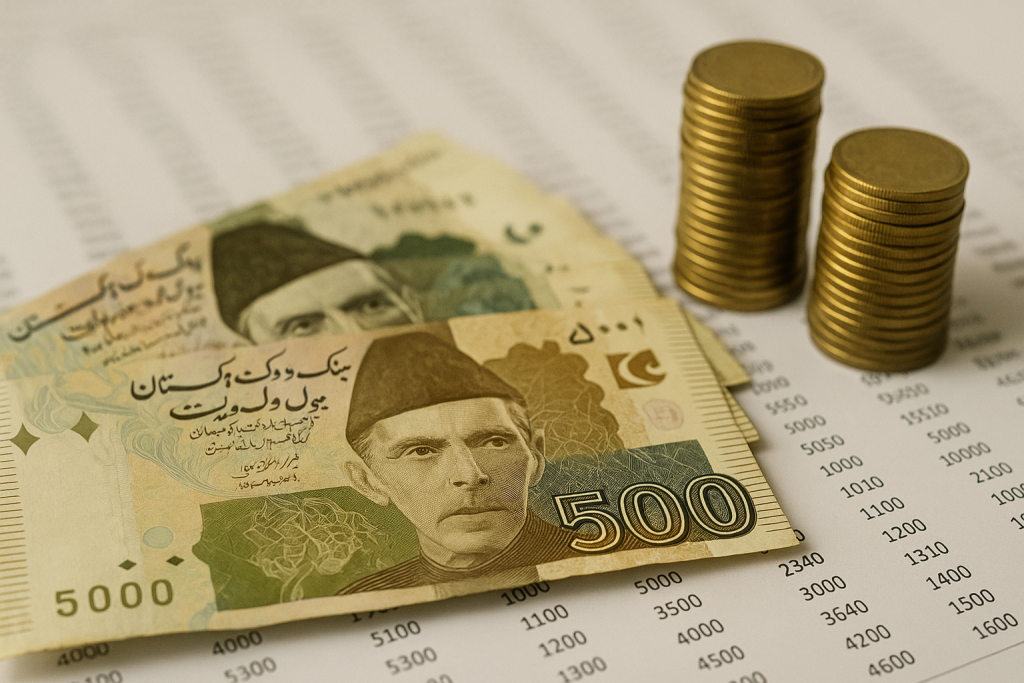 Pakistani currency notes and stacks of coins placed on financial documents, symbolizing the allocation of Rs8.2 trillion to provinces under the NFC Award for fiscal year 2025-26.