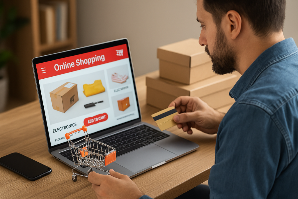 Man shopping online with credit card and laptop, symbolizing new taxes on online shopping in Pakistan.