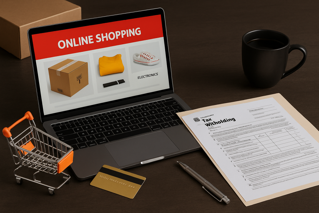 Laptop displaying online shopping website with digital tax icons, shopping cart, and parcel boxes representing new taxes on online shopping in Pakistan.
