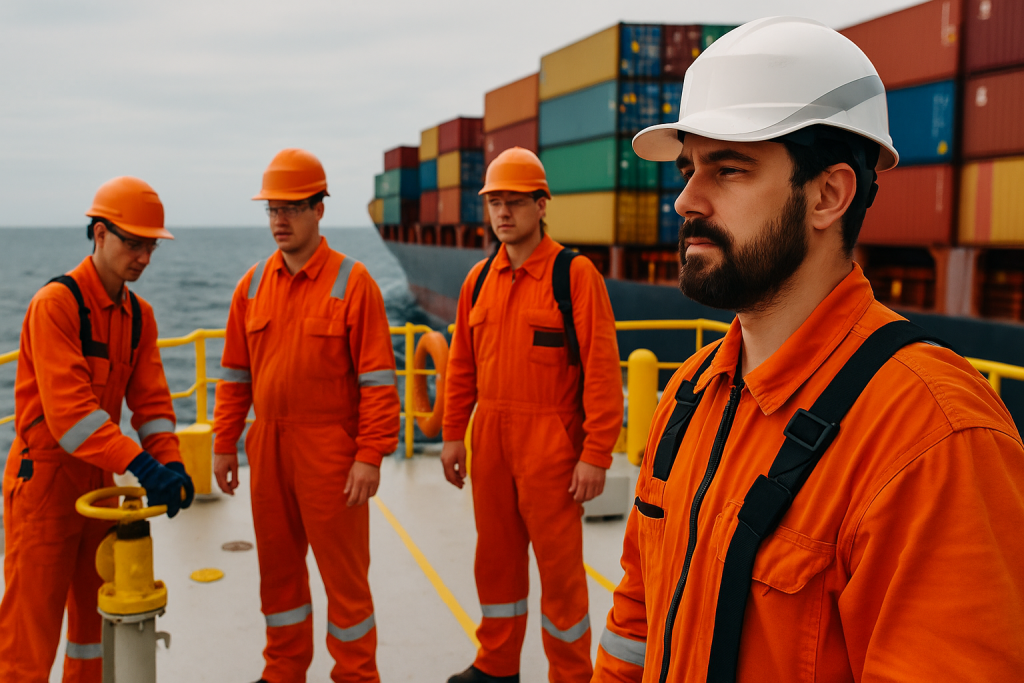 Four shipping staff members in orange safety gear work on the deck of a cargo ship at sea, surrounded by colorful containers and open ocean.