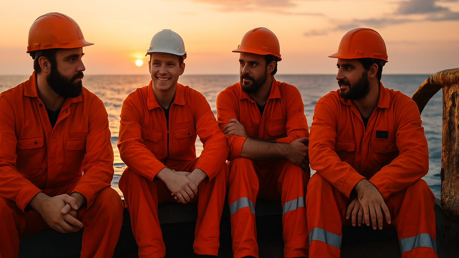 Four shipping crew members in orange coveralls sit on a ship's deck at sunset, sharing a quiet moment and conversation after a long day at sea.