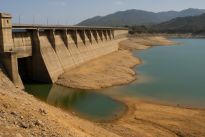 Khanpur Dam water level drops significantly, exposing dry, cracked shoreline and reduced reservoir amid drought conditions.