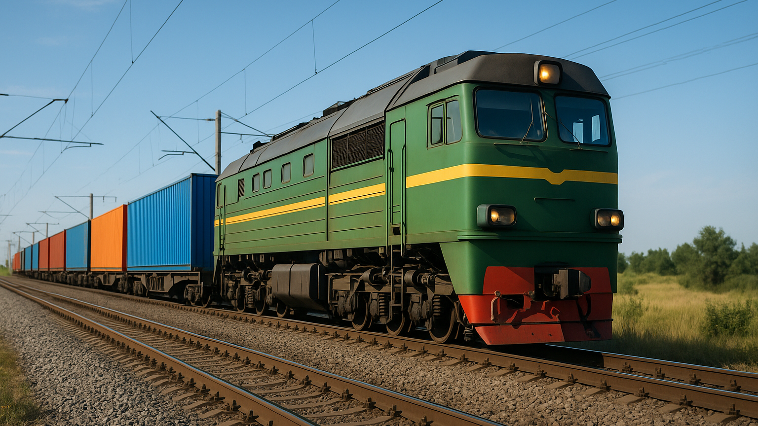 A green freight train with colorful cargo containers travels along railway tracks under a clear blue sky, symbolizing Pakistan’s first rail link to Russia from Lahore.