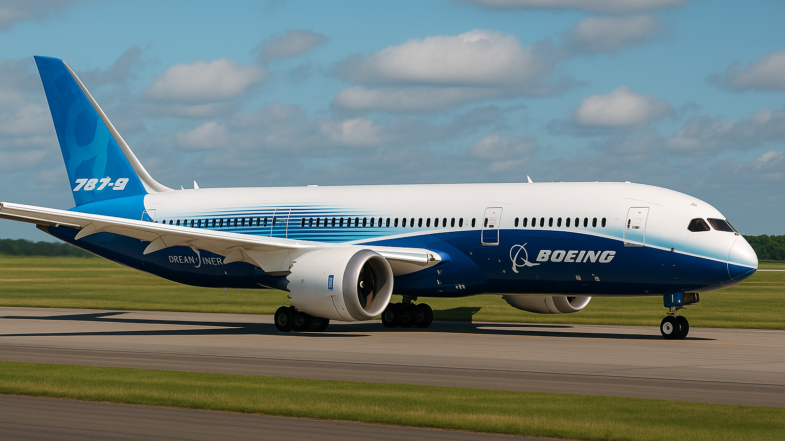 A Boeing 787 Dreamliner taxiing on a runway under a clear sky, showcasing its sleek design and wide-body structure.