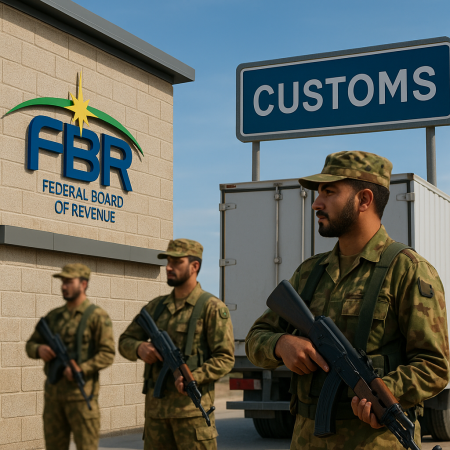 Three armed soldiers in camouflage stand guard at a customs checkpoint near an FBR (Federal Board of Revenue) building, highlighting FBR's enforcement role.