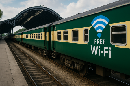 A Pakistan Railways green and yellow passenger train stands at an empty platform, symbolizing the launch of free Wi-Fi services on 40 trains as part of modernization efforts.