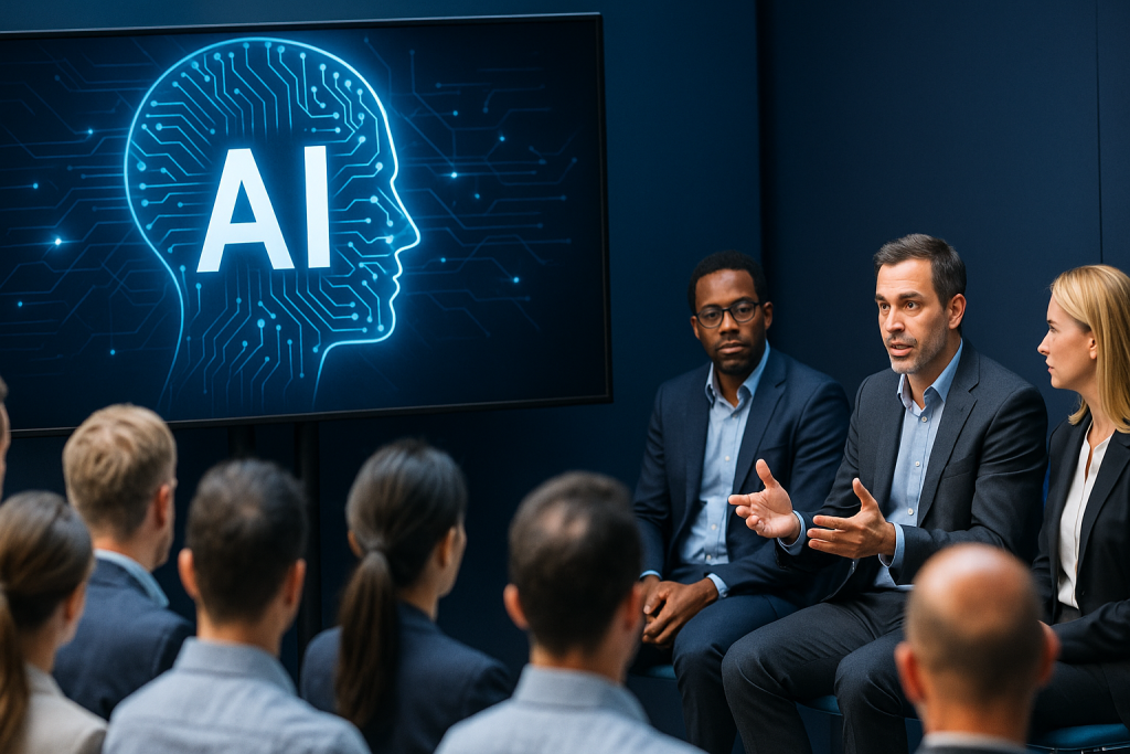 A high-resolution image shows a professional AI conference panel discussing automation risks, reflecting the concern that AI may eliminate half of white-collar jobs within five years.