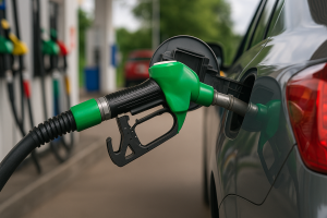 A close-up of a green fuel nozzle inserted into a car at a petrol station, representing the government's increase in petrol and diesel prices.