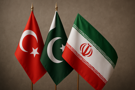 Turkish, Pakistani, and Iranian flags side by side, symbolizing solidarity following condemnation of Israeli strikes on Iran by Turkish FM and Ishaq Dar.