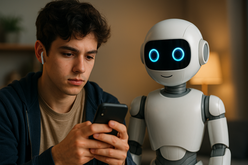 A young man uses his smartphone while a friendly AI robot sits beside him, symbolizing the growing trend of youth turning to AI chatbots for news updates.