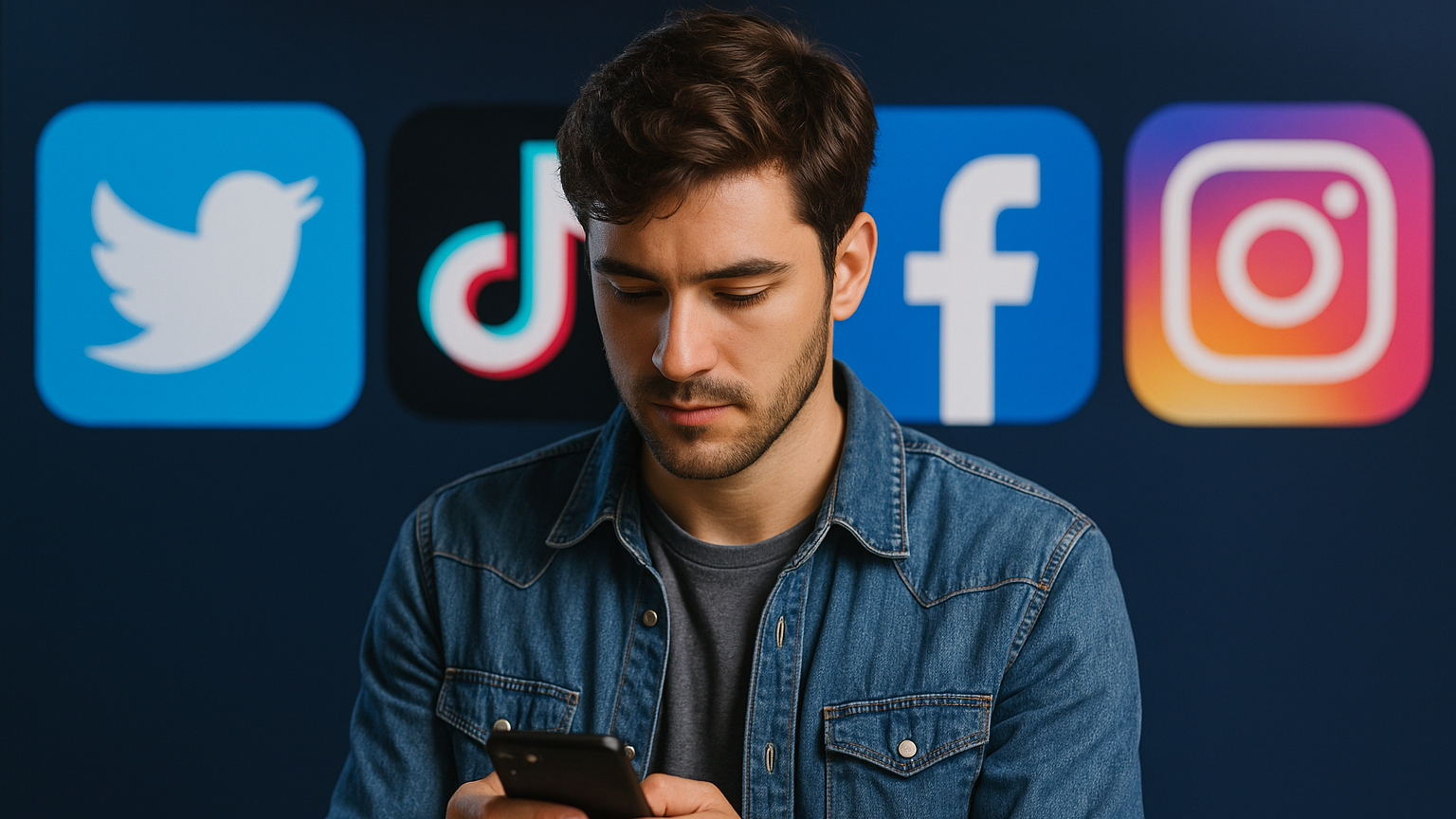 A young man uses his smartphone with glowing social media icons like Twitter, TikTok, Facebook, and Instagram in the background, symbolizing how social platforms shape news habits.