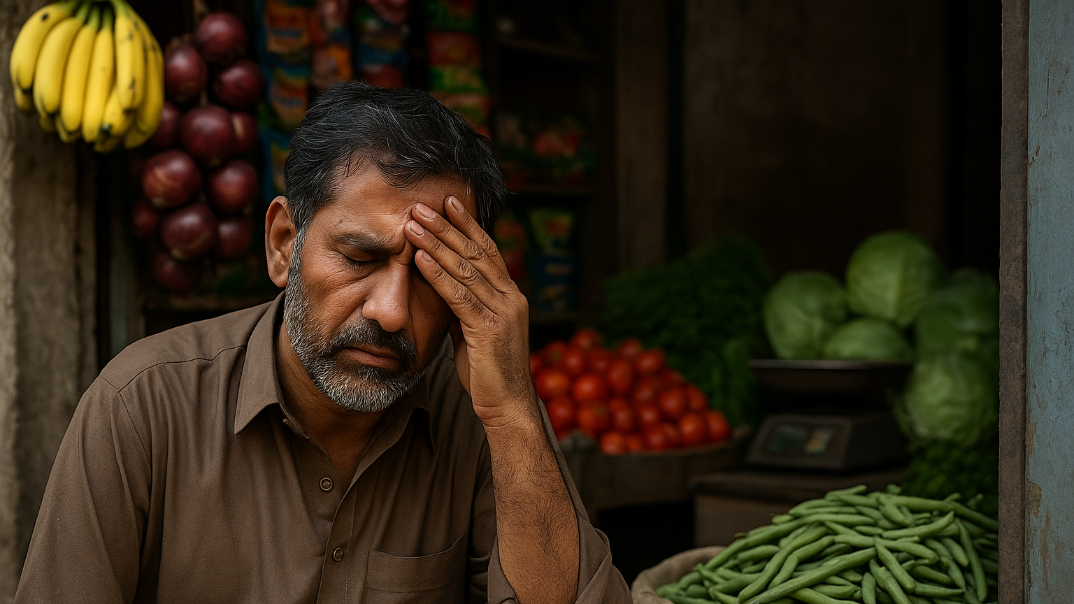A distressed Pakistani man sits in front of a small market stall, holding his head in worry, surrounded by baskets of vegetables, symbolizing financial stress due to rising living costs.