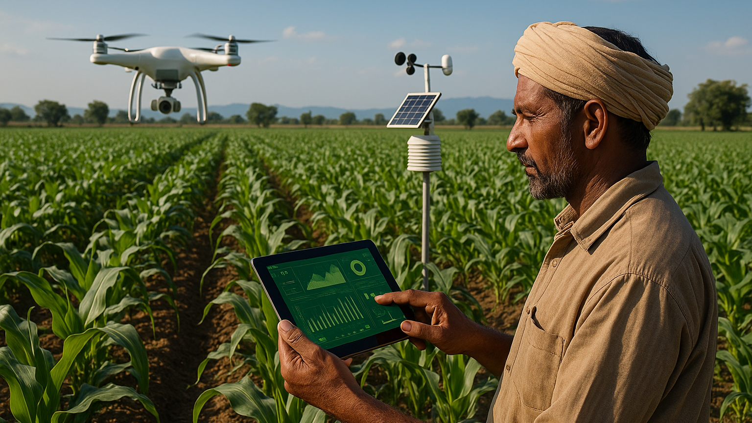 A South Asian farmer in traditional attire uses a tablet to monitor crop data in a lush green field, with a drone flying nearby and a solar-powered weather station in the background.