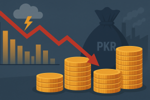 Illustration showing Pakistan's fiscal risks in Budget 2025-26, with falling PKR value, declining revenue, economic instability, and climate-related threats.