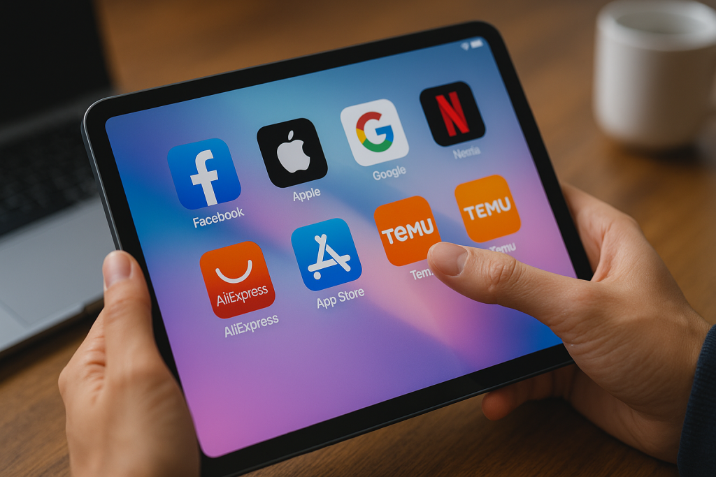 A person holds a tablet displaying popular app icons including Facebook, Apple, Google, Netflix, AliExpress, and Temu, symbolizing Pakistanis spending over Rs. 317 billion on online apps.