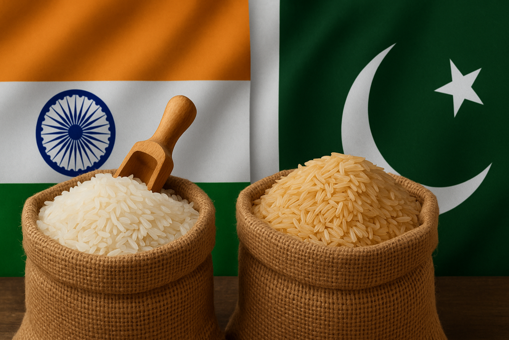 Two burlap sacks filled with rice, one representing India with white rice and the Indian flag in the background, and the other representing Pakistan with golden basmati rice and the Pakistani flag behind it, symbolizing export competition.