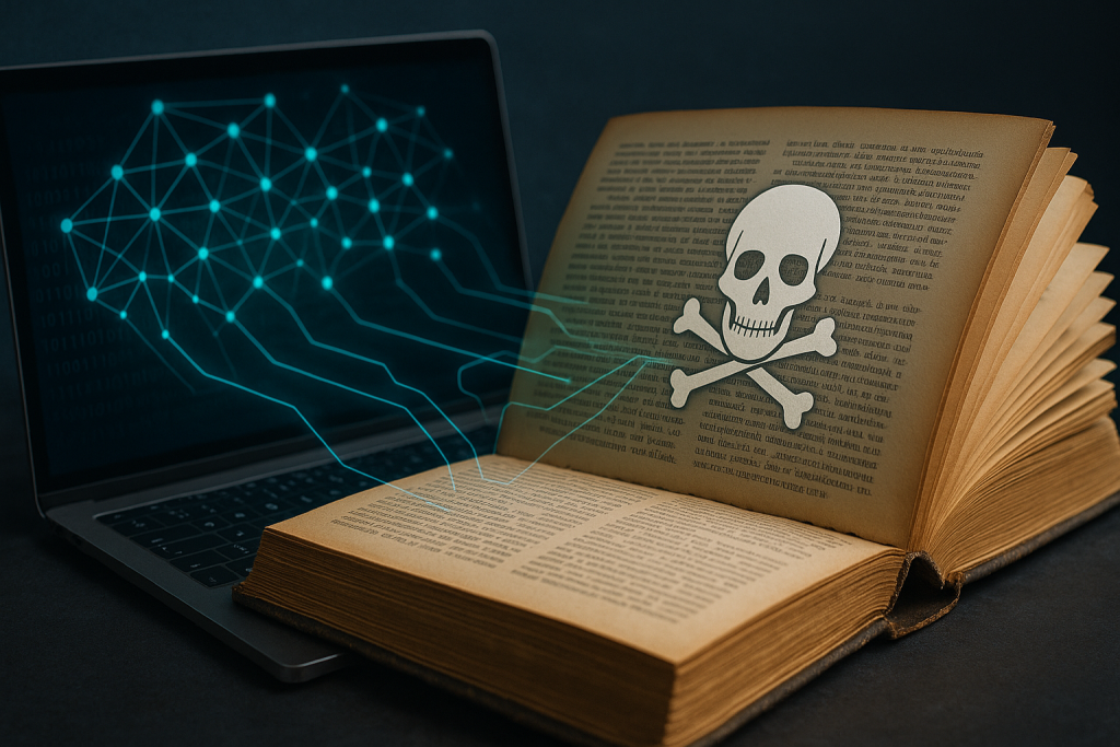 An open pirated book with a skull-and-crossbones symbol sits next to a laptop, where glowing digital lines transfer text into an AI neural network display—illustrating the concept of AI training on pirated books.