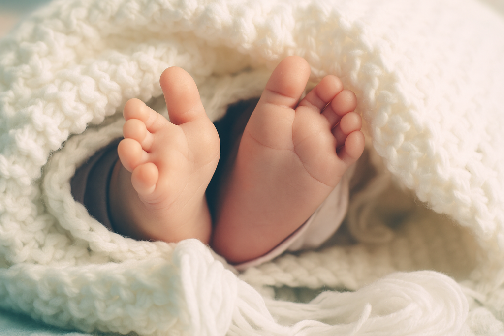 Death of 20 Babies at Pakpattan DHQ – Close-up of a newborn’s feet wrapped in a soft white knit blanket, symbolising infant care and loss.