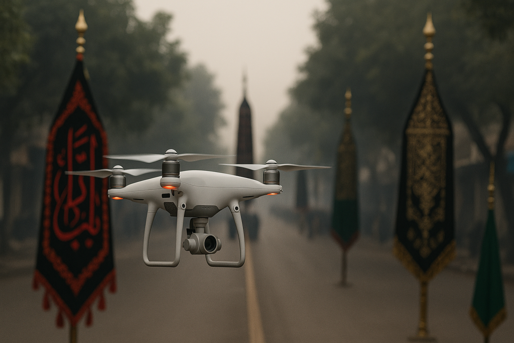 A drone hovers above a deserted Muharram procession route adorned with traditional religious banners, symbolizing Punjab’s drone ban during Muharram for security reasons.