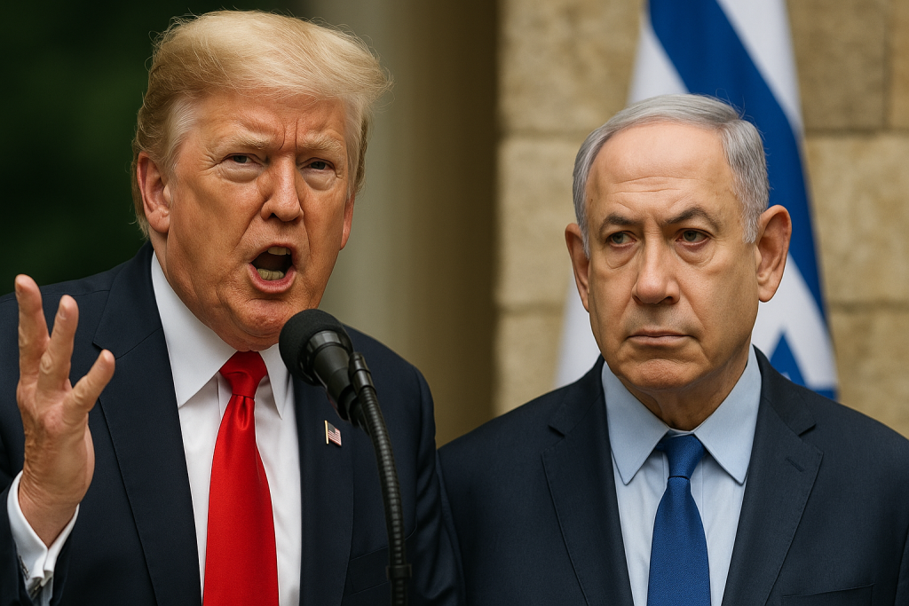 Former President Donald Trump speaks passionately at a podium, gesturing with his hand, while Israeli Prime Minister Benjamin Netanyahu stands beside him with a serious expression; the Israeli flag is visible in the background — representing Trump's criticism of Israel's legal system over Netanyahu's corruption trial.