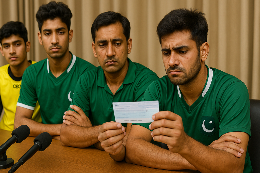 Pakistan hockey team players look disappointed as they examine a cheque during a press event, reflecting frustration over inadequate rewards.