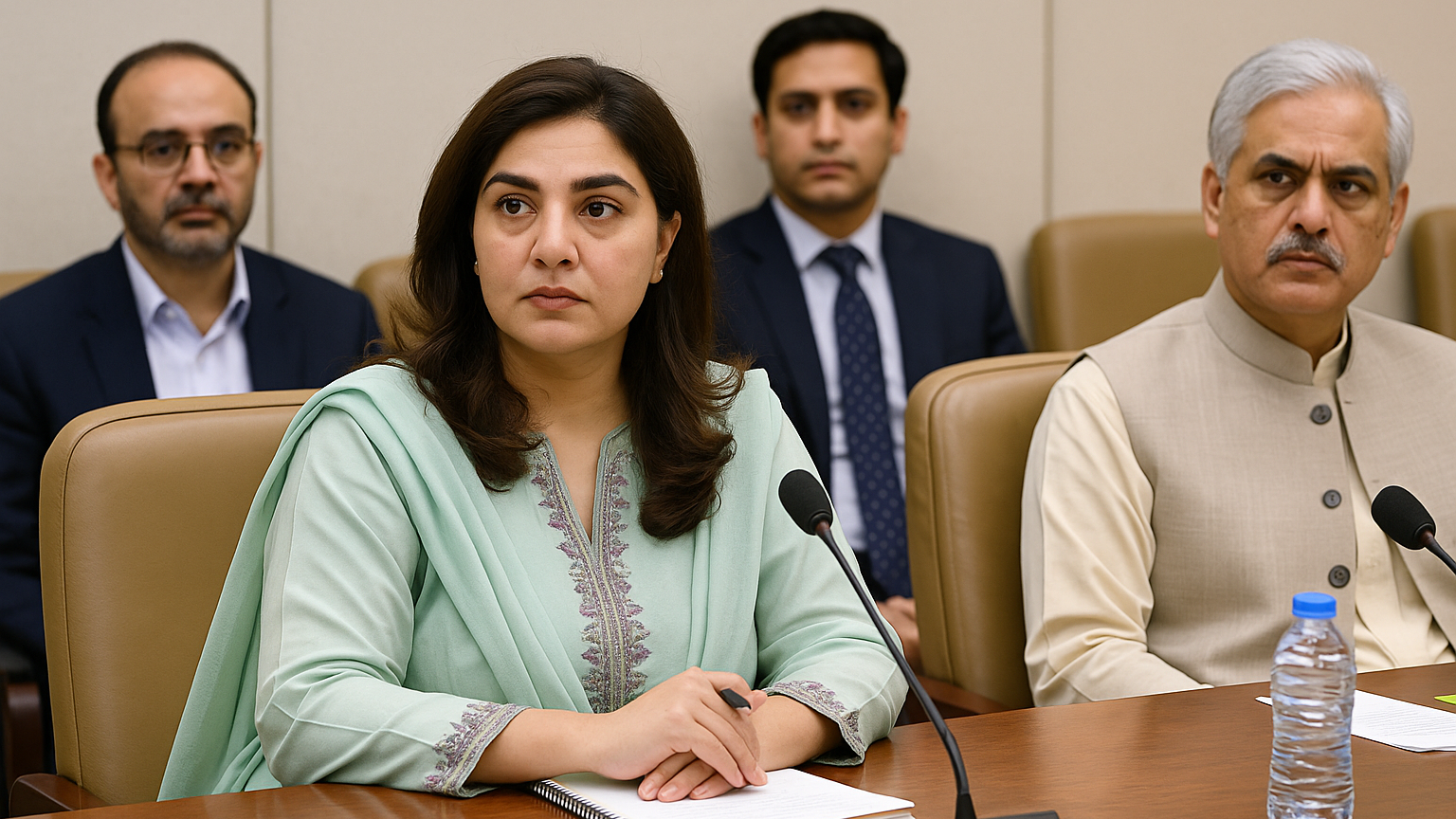 A group of four people in formal attire are seated at a conference table with microphones and notebooks, appearing focused and attentive during a meeting.