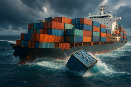 "A large cargo container ship sailing through rough ocean waves under a cloudy sky, with shipping containers tipping or falling into the sea, representing maritime risks and lost cargo incidents."