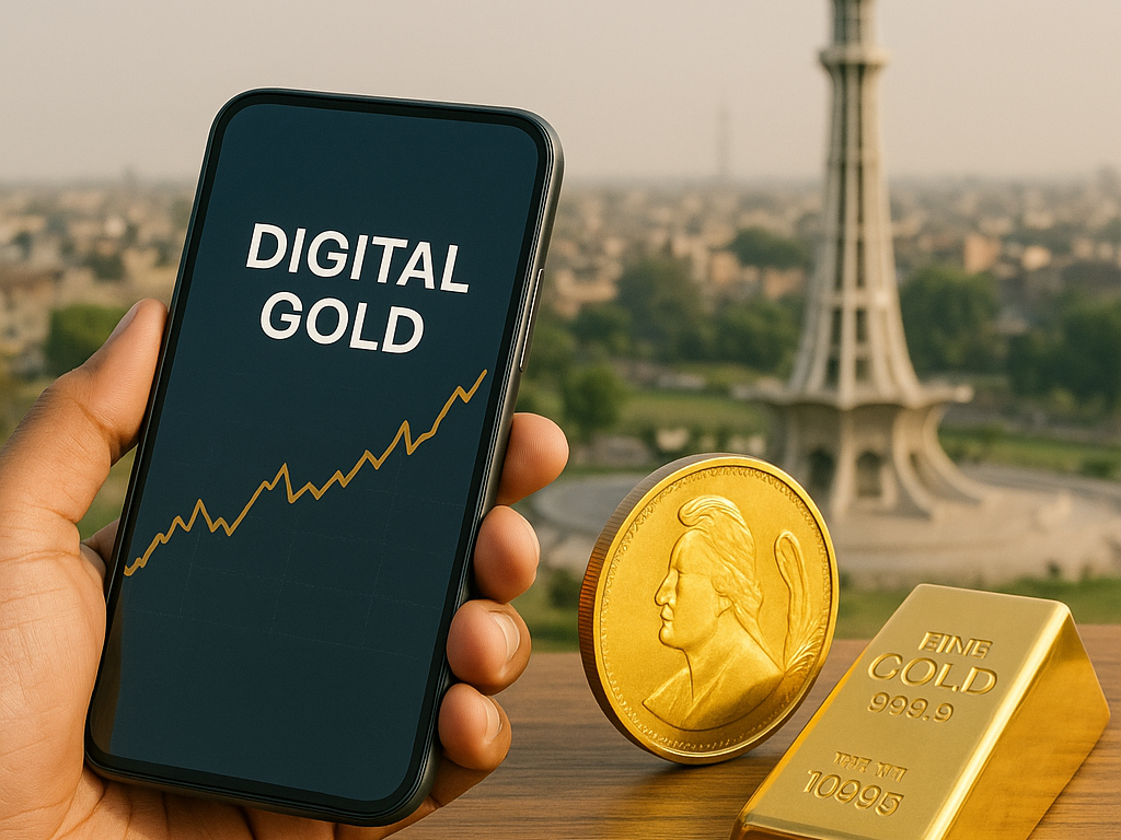 A hand holds a phone showing a digital gold chart, with a gold coin, bar, and Minar-e-Pakistan in the background.