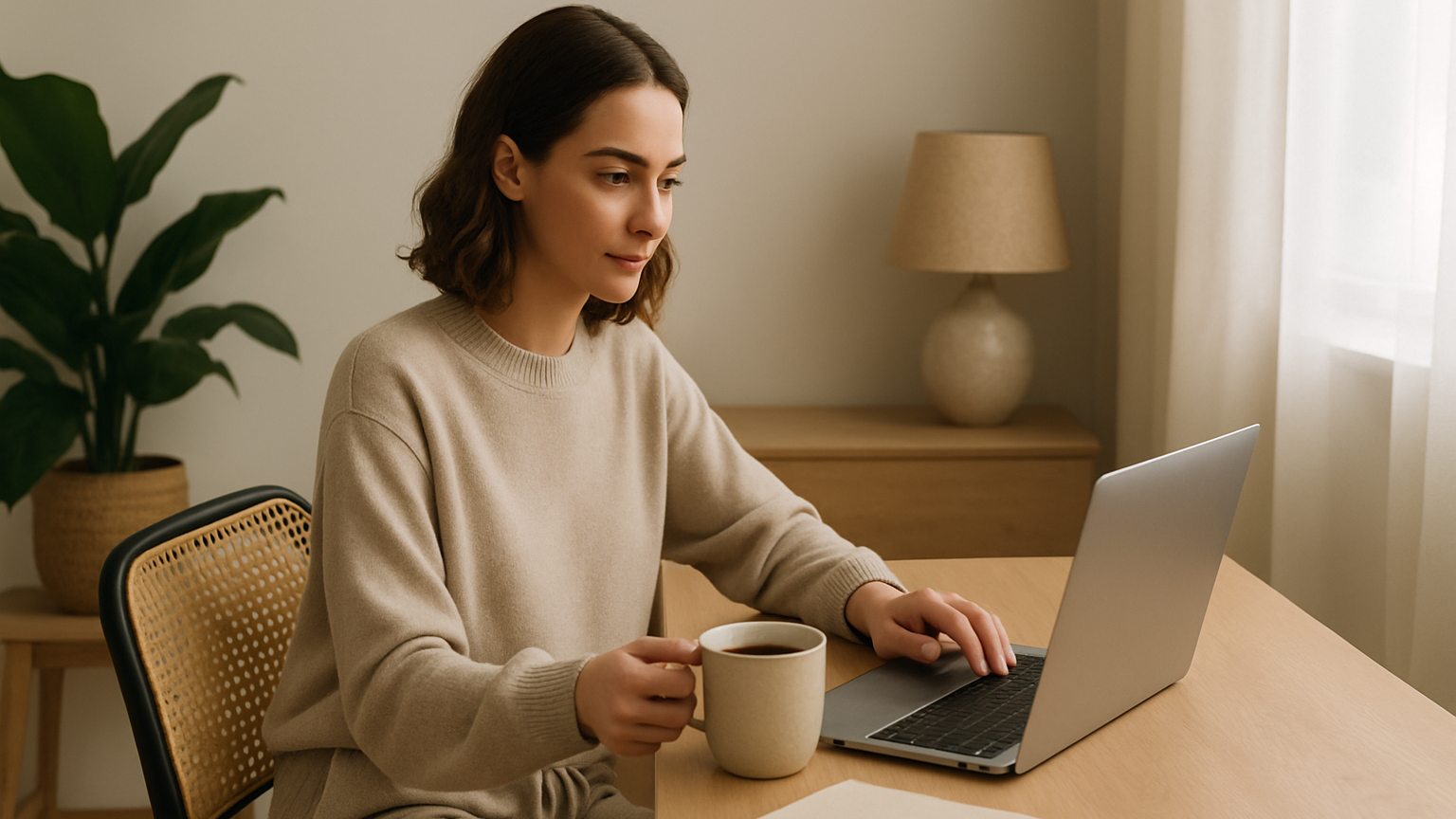 Young woman working from home in cozy loungewear at a wooden desk with a laptop and coffee.