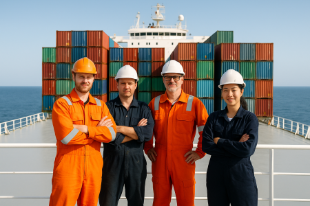 Four shipping working employees at sea stand on a cargo ship deck in daylight, wearing uniforms and hard hats, with colorful containers in the background.