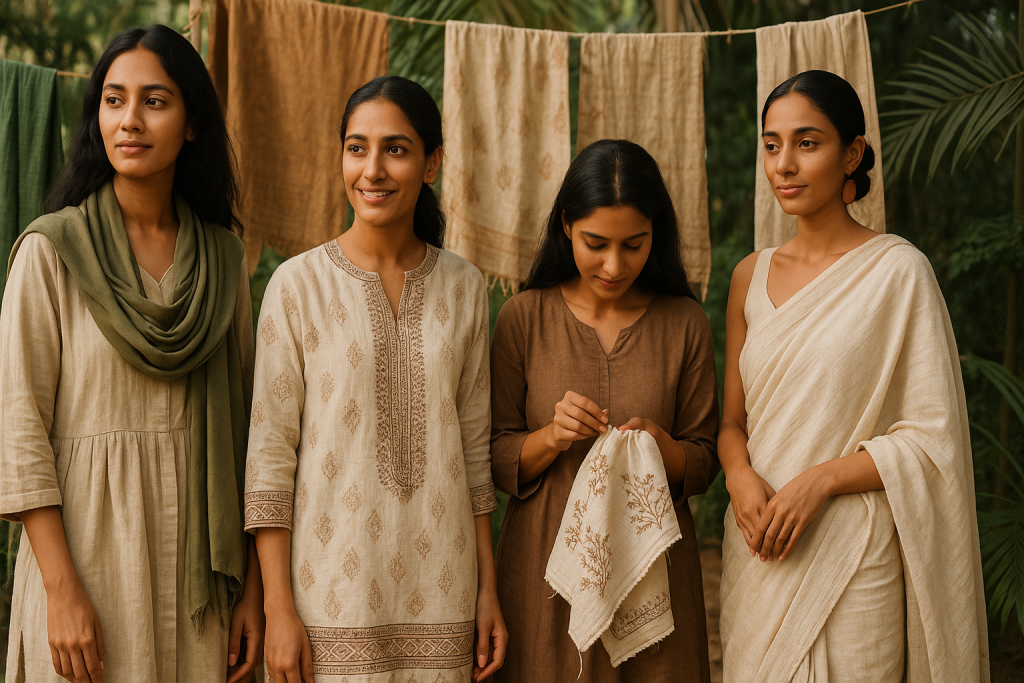 Four South Asian women in eco-friendly traditional clothing stand outdoors with natural fabrics and greenery in the background.