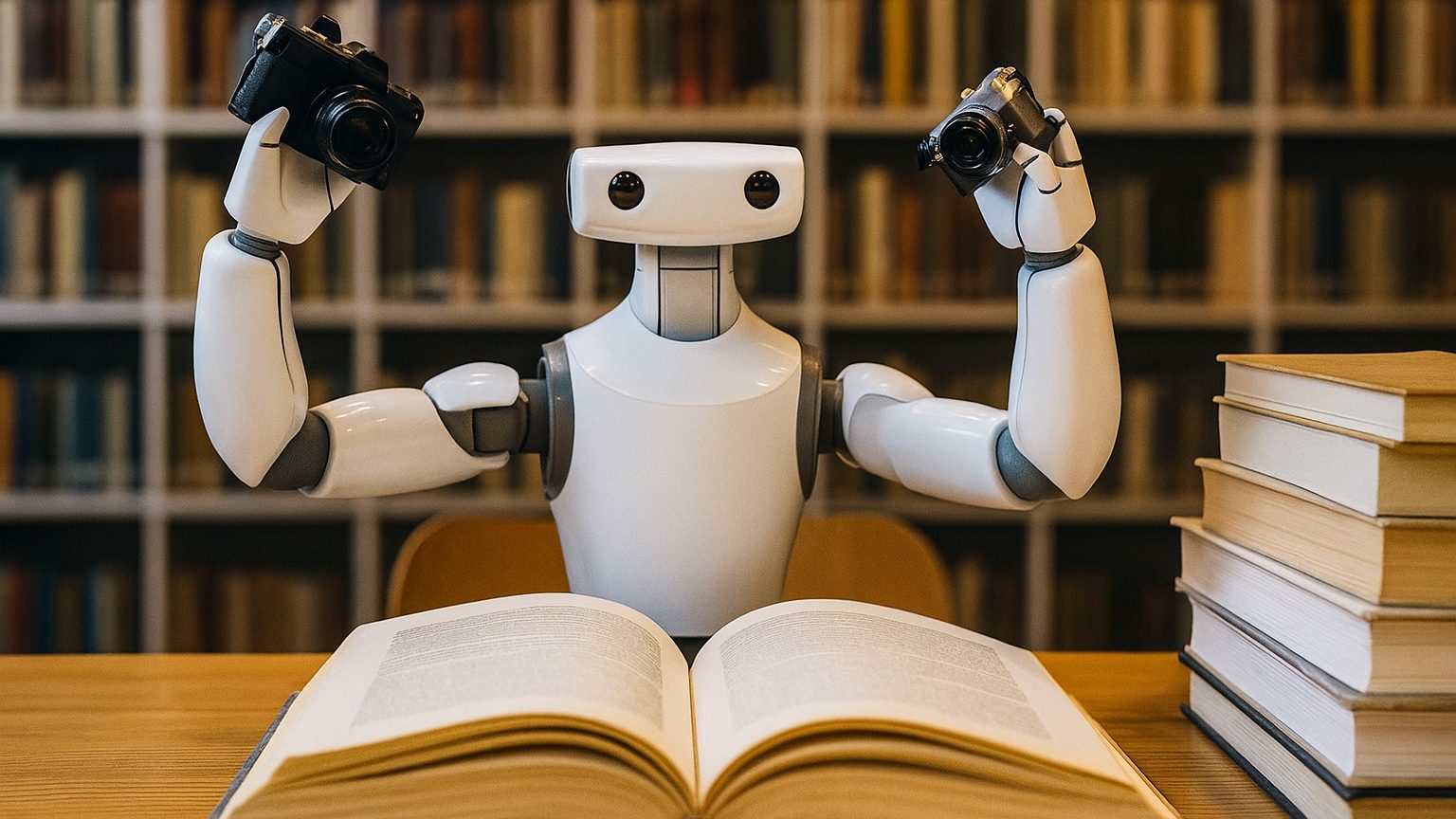 A humanoid robot sits at a library table reading an open book, surrounded by stacks of books—symbolizing AI learning from pirated literature.