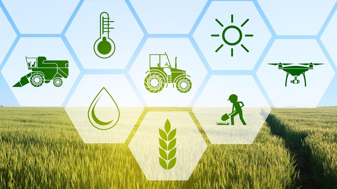 Modern agriculture icons over a crop field, showing tech like drones, tractors, and irrigation.