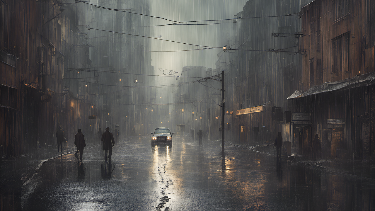 A moody urban street scene during heavy rainfall, with dim streetlights reflecting on the wet road, people walking with umbrellas, and a car approaching — illustrating the cooling impact of rain bringing relief from the heat across Pakistan.