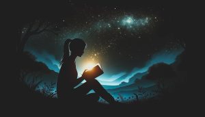A silhouette of a woman reading a book under a starry sky, symbolizing peace and simplicity in a digital-free environment.